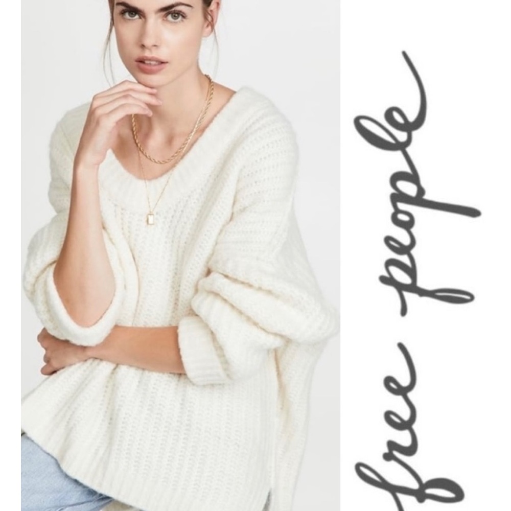Free People Women's Blue Bell V Neck Sweater, Ivory, size S/P - Picture 2 of 8